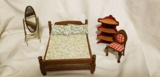 Farm Style Dollhouse Bedroom Bed Brass Floor Mirror Corner Book Shelf & Chair