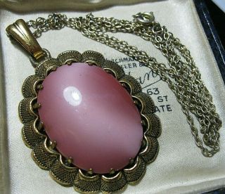 Antique Vintage 1930 ' s Art Deco Czech Pink Satin Glass Large Pendant Necklace 2