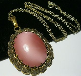 Antique Vintage 1930 ' s Art Deco Czech Pink Satin Glass Large Pendant Necklace 3