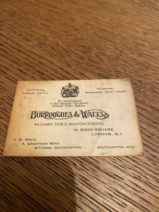 Burroughes And Watts Business Card.  Antique Billiards Snooker.