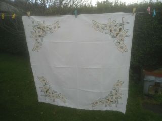 Gorgeous Crisp Cream Linen Hand Embroidered Cut Work Tablecloth 50 " Square