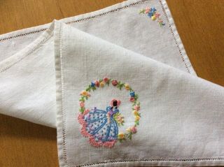 Vintage Traycloth Hand Embroidered Crinoline Lady,  Flowers