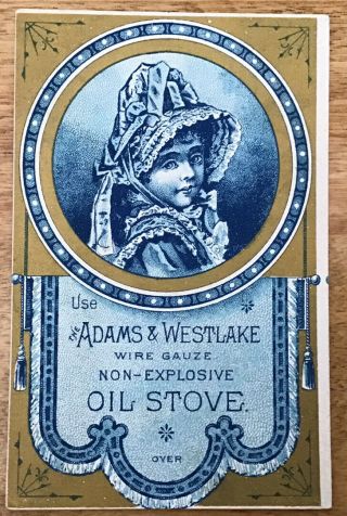 Antique Victorian Trade Card,  Girl In Bonnet,  Adams & Westlake Oil Stove
