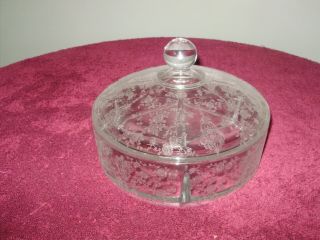 Cambridge Glass Rose Point Htf Lidded 3 Part Candy Dish Rare Size