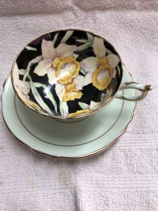 Vintage Art Deco Paragon Tea Cup Saucer Rare Daffodils Green Double Warrant