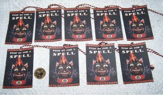 9 Halloween Primitive Folk Art Witch Cat Linen Cardstock Gift Hang Tags Ornies