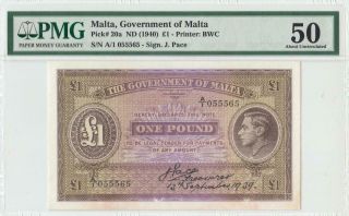 1940 Government Of Malta Kgvi 1 Pound Rare " A/1 " ( (pmg 50))