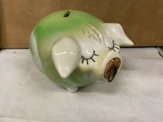 Vintage 1957 Corky Pig Hull Hp Ceramic Piggy Bank Rare Green Color Cork