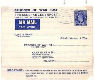 F30 Gb Ww2 Wartime Trial Machine Cancel British Pow Air Mail Stationery Rare