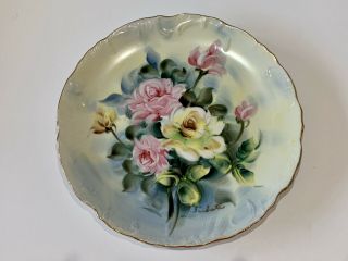 Signed Antique Hand Painted Floral Gold Trim Plate 8 1/4 "