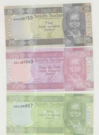 South Sudan P 1,  2,  3 Set 3 Notes Unissued 5,  10,  25 Piasters 2011 Animals Rare