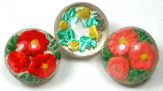 3 Vintage Glass Buttons With Back Painted Flowers - 1/2 "