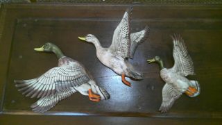 Rare Vtg Atlantic Mold Ceramic Flying Ducks A127,  3 Rustic Mallard Duck Decor