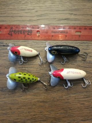 (4) Vintage Fred Arbogast Jitterbug Topwater Fishing Lures Cool Colors