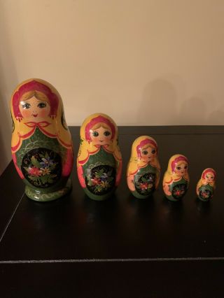Vintage Wood Russian Matryoshka 5 Pc Nesting Dolls Hand Painted Decor Green 2