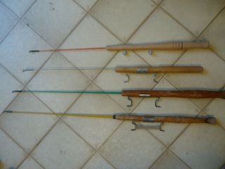 4 Vintage Ice Fishing Poles/rods With Wooden Handle 