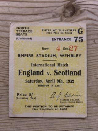 Rare Pre War Football Ticket England V Scotland Wembley 1932 International