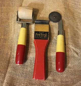 3 Vintage Antique Red Handle Tools: Red Devil Scraper,  Wooden & Metal Roller?