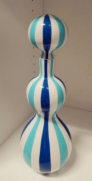 Happy Chic Jonathan Adler Gourd Bud Vase,  Aqua Blue Stripes,  Modern Fun.  Rare