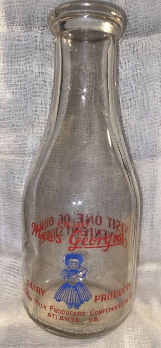 Rare Vintage Miss Georgia Dairy Products Atlanta Ga Quart Pyro Milk Bottle 1940s