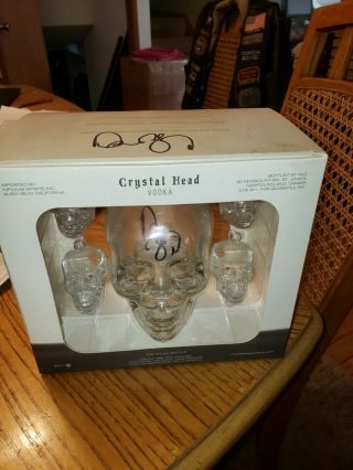 Crystal Head Vodka Bottle 750ml W/ Box Rare Signed By Dan Aykroyd Empty & Shots