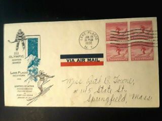 Us Fdc Block Of 4 Ski Jumper 2cent Stamps Sc 716 1932 Cancel Rare Stamps On Back