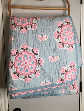 Pottery Barn Kids Quilt Brooklyn Twin Pink & Blue Medallions - Rare - Retired