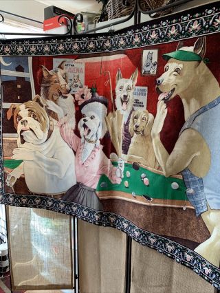 Vintage Rare Dogs Playing Pool Taprstry Wall Hanging Rug 59” X 38.  5” Pink Fringe
