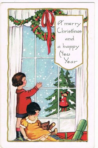 Antique Christmas And Year Postcard (whitney Made) Girl Waving To Friend