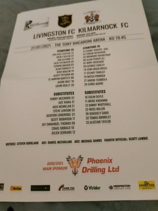 Livingston V Kilmarnock Spl Wednesday 27th January 2021.  Rare Colour Team Sheet