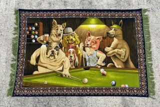 Vintage Cotton Tapestry Wall Hanging Dtc Dogs Playing Pool Billards Rare 51 X 38