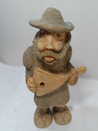 Incredible Vintage Russian Folk Art Wood Carved Figure With Guitar Signed 7x 3.  5