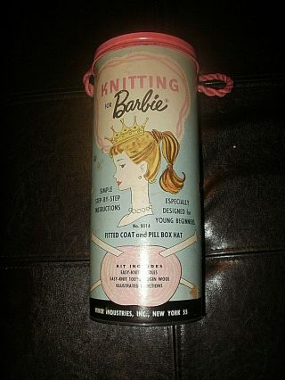 1962 Mattel Knitting For Barbie Vintage Canister With Lid & Knitted Coat,