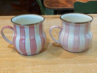 Mackenzie - Childs Bathing Hut Pink Enamel Coffee Tea Cups / Mugs - Set Of 2 Rare
