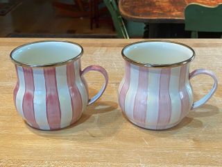 Mackenzie - Childs Bathing Hut Pink Enamel Coffee Tea Cups / Mugs - Set of 2 RARE 2