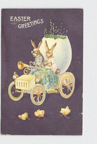 Antique Postcard Easter Anthropomorphic Rabbits Drive Car Chicks Egg Pussy Willo