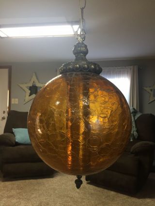 Vintage Crackle Amber Glass And Brass Hanging Swag Lamp With Diffuser Rare