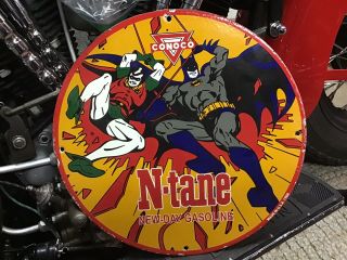 Rare Vintage Porcelain 1969 Conoco N - Tane Batman & Robin Gas Sign Dc Comics