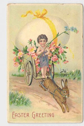 Antique Postcard Easter Bunny Rabbit Pulling Cart Egg With Bow Little Boy