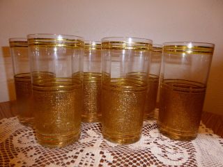 6 Rare Vintage Signed Culver Highball Glasses Gold Accent Water Drink Tumbler
