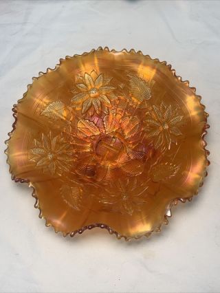 Northwood Marigold Carnival Glass Rare Poinsettia & Lattice Bowl 8.  75” Sm Chip