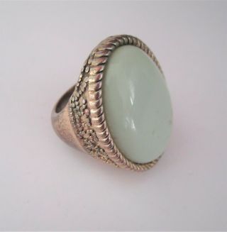Large Heavy Unusual Vintage Antiqued Silver Green Costume Jewellery Ring