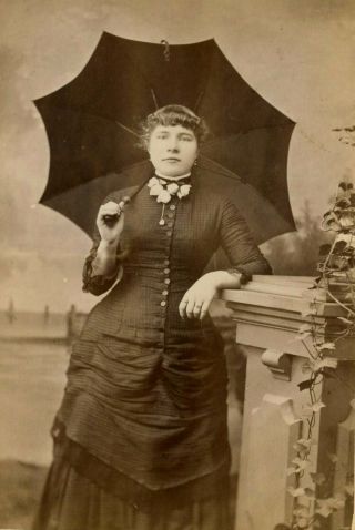 Antique Photo Cabinet Card Young Woman With Umbrella Fashion Jewelry