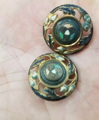2 Antique Vintage Old Early Button Champleve Enamel Pierced Brass Filigree Acorn