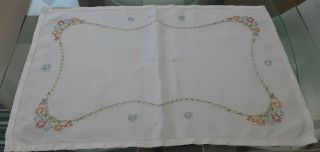 Vintage White Linen & Hand Embroidered Small Tablecloth/runner/doily 23 " X 15 "