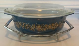 Rare Htf Pyrex Golden Bouquet Blue 1 1/2 Qt Casserole 043 With Lid And Trivet