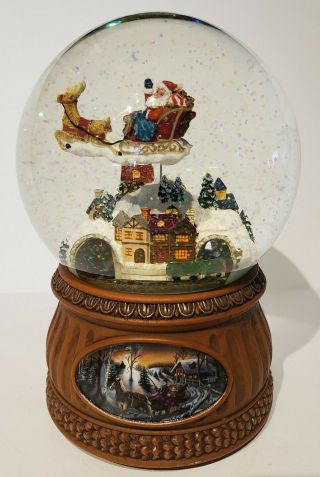 Santa Flying Over Town Rare Snow Globe Rotating Train Christmas Glitter Dome