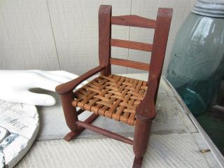Vintage Handcrafted Wooden Doll Size 6 " Rocking Chair With Woven Reed Seat