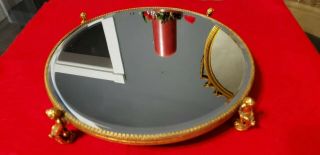 Vintage Ornate Footed Plateau Round Beveled Mirror Dresser Vanity Tray.  Rare