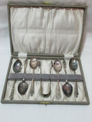 Post Collectable Vintage Boxed Set Of 6 Spoons & Sugar Tongs Monk Ep Ns